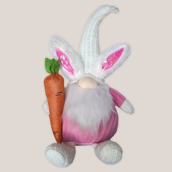 EASTER GNOME in Pink Wearing Bunny Ears and Holding Large Carrot Plush Stuffed - Picture 1 of 6